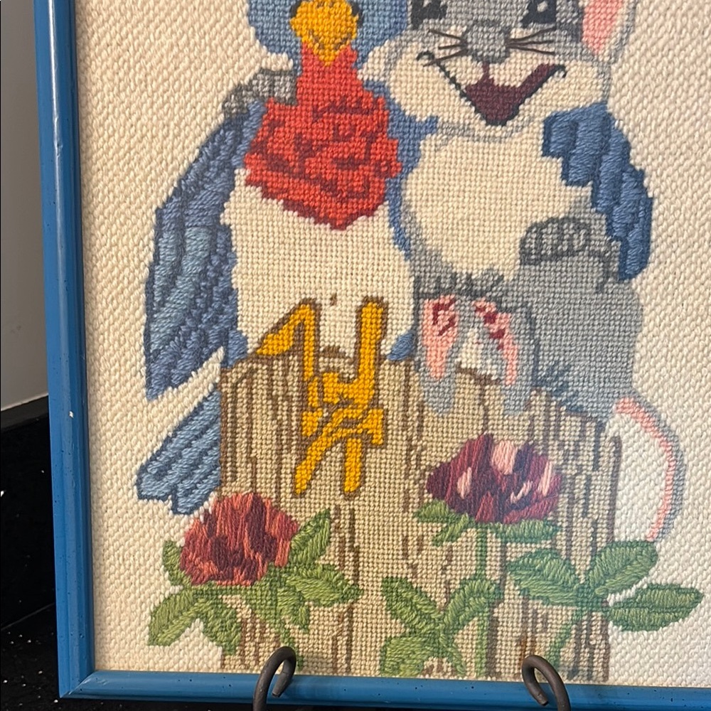 Charming Animal Bird & Mouse Needlepoint Framed Picture Nursery Kids Vintage - Picture 11 of 16